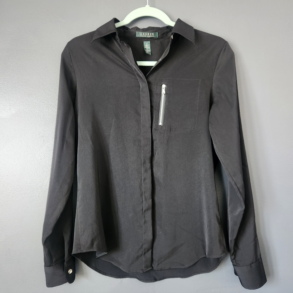 Lauren Ralph Lauren Women's S Black Satin Zipper Flowy Hidden Button Top EUC